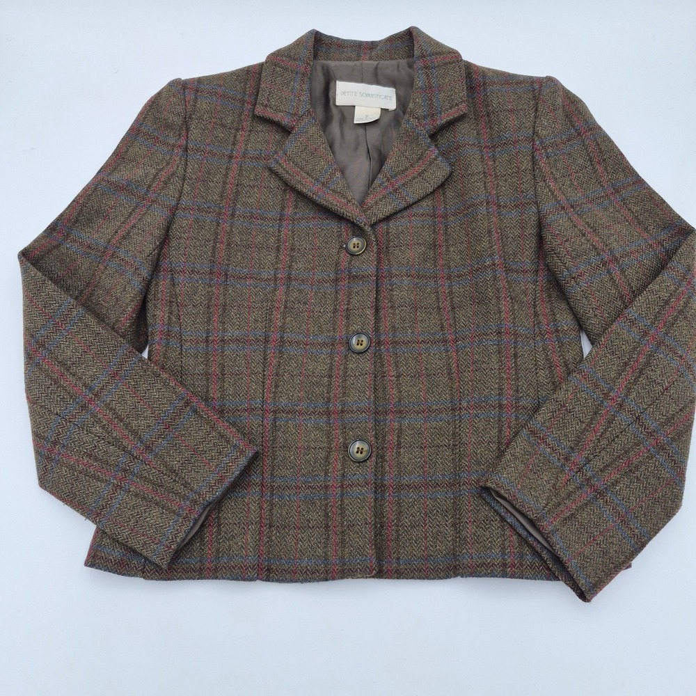 Petite Sophisticate Blazer Size 2 Olive Plaid Wool Blend Tweed Jacket Italy